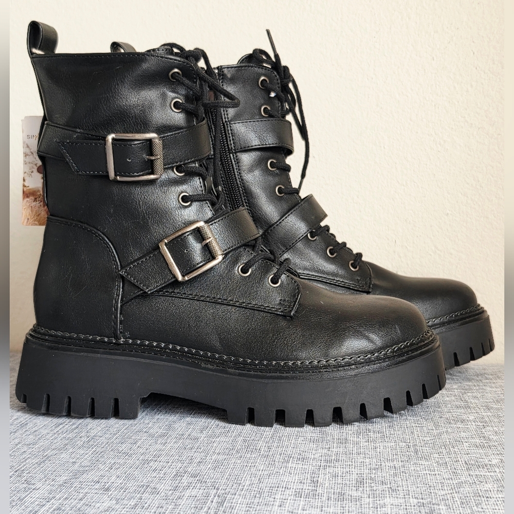 New Sincerely Jules Women's Black Combat Moto Lace Up Boots Size 8